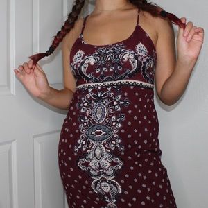 Maroon, printed maxi dress
